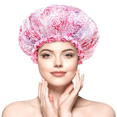 mikimini Large Shower Cap for Women Long Hair, 1 Pack,Romantic Petal Design, Double Layer Waterproof, Reusable, Washable, High-quality, Floral Print - Image 1