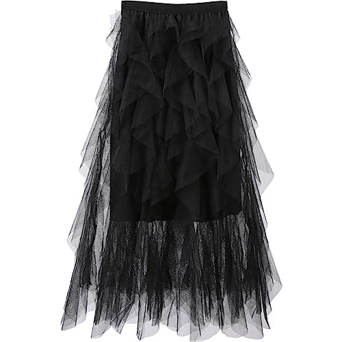 Women Tulle Skirts Layered Tutu Skirt Midi Length Elastic High Waist A Line Skirt (Black) - Image 1