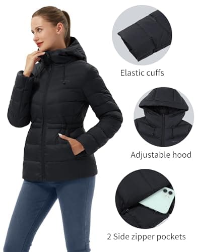Pioneer Camp Quilted Puffer Jacket for Women Lightweight Water Resistant Hoodies Warm Winter Jacket Filled with Down, Black, M - Thumbnail 5