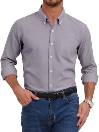 GIANZEN Grade 3.5 Wrinkle-Resistant Men's Purple Grey Lightweight Oxford Dress Shirts Long Sleeve Business Casual Pocket Shirt Purple Grey Size L