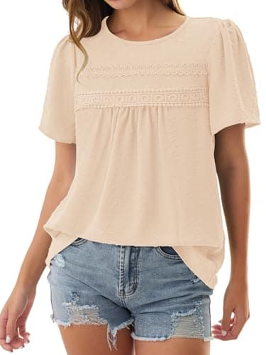 NORACORA Womens Summer Tops Crewneck Short Sleeve Shirts Casual Chiffon Boho Babydoll Blouses Flowy Lace Hem Apricot Clothing Trendy 2026 Apricot XXL - Thumbnail 6