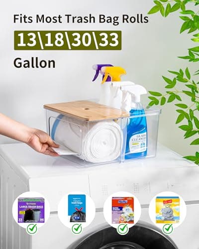 iCASA Trash Bag and Pod Dispenser - 5 in 1 Acrylic Under Sink Organizer with Bamboo Lid, Holds Garbage Bags, Dishwasher Pods, Laundry Tabs, Dryer Sheets & Balls for Kitchen, Pantry, Laundry Room - Thumbnail 4