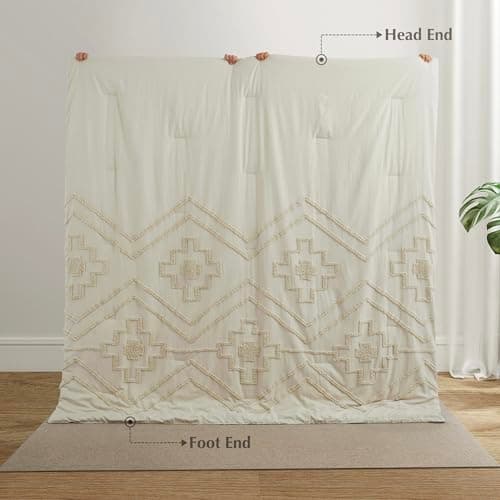 Oli Anderson Boho Tufted Comforter Set Queen Size, 3 Pcs Soft Jacquard Bedding Set for All Seasons, Shabby Chic Farmhouse Bedding Set with Comforters for All Seasons (Beige, Queen) - Thumbnail 4
