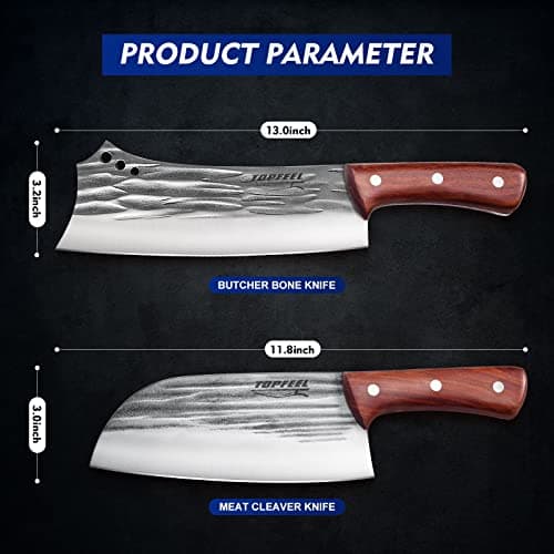 Topfeel 2PCS Meat Cleaver & Heavy Duty Bone Chopper Knife Set, Hand Forged German High Carbon Stainless Steel Butcher Knife for Home Kitchen & Outdoor - Thumbnail 6
