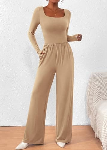 KIRUNDO Long Sleeve Jumpsuit for Women 2026 Spring Outfits Summer One Piece Square Neck Wide Leg Pants Romper With Pockets(Khaki, Large) - Thumbnail 6