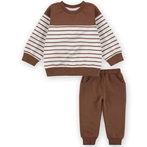 JiuBreeze Toddler Baby Boy Fall Winter Long Sleeve Shirts Set 2-piece Striped Outfit Set (Coffee, 3-4T) - Image 1