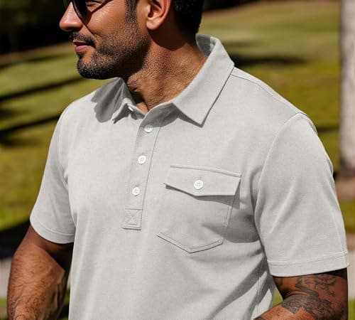 JEMLDL Mens Polo Shirt Quick Dry Short Sleeve Casual Summer Polo Tee with Pocket Classic Collared Golf Stylish Tops Light Gray XXL - Thumbnail 2