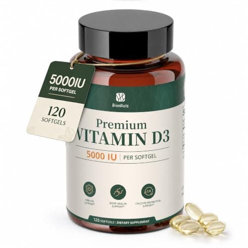 BienRaiz Vitamin D3 5000 IU Softgels for Indoor Workers & Seniors Made with Sunflower Seed Oil for Better Absorption. Supports Immune System, Bone & Heart Strength. Non-GMO, Soy & Gluten Free 120 CT - Image 1
