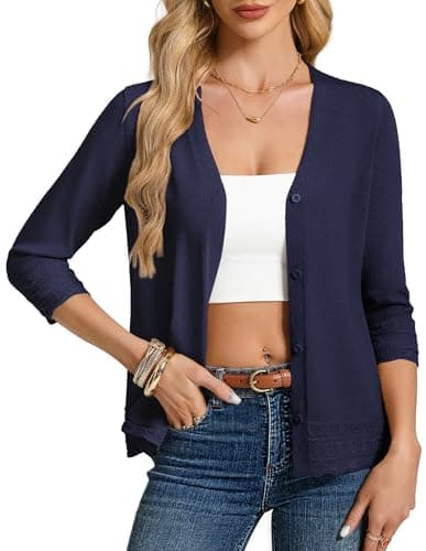 GRACE KARIN Summer Spring Cardigans for Women Lightweight Navy Cardigan Womens 3/4 Sleeve Cropped Sweaters(Navy Blue,Small) - Image 1