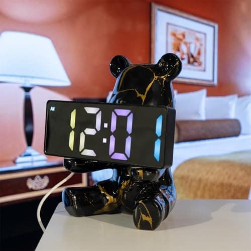 Resin Bear Statue Digital Clock Home Decor, Fluid Bear Tray Sculpture, Graffiti Art Figurine Home Ornament Decoration for Office, Living Room, Bedroom, Book Shelf, TV Cabinet, Desktop (Black) - Thumbnail 4