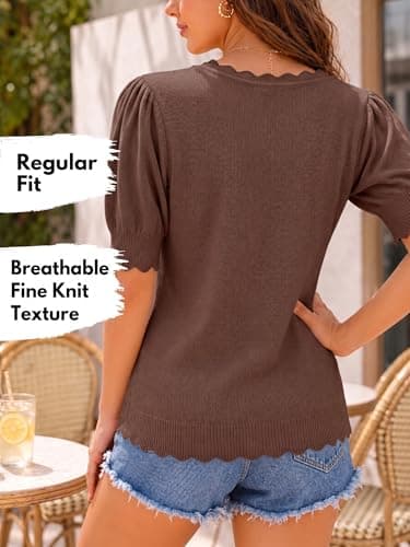 MONORA Women’s Short Sleeve Sweater Puff Sleeve Scalloped V Neck Knit Top Lightweight Pullover for Work Business Casual - Thumbnail 4