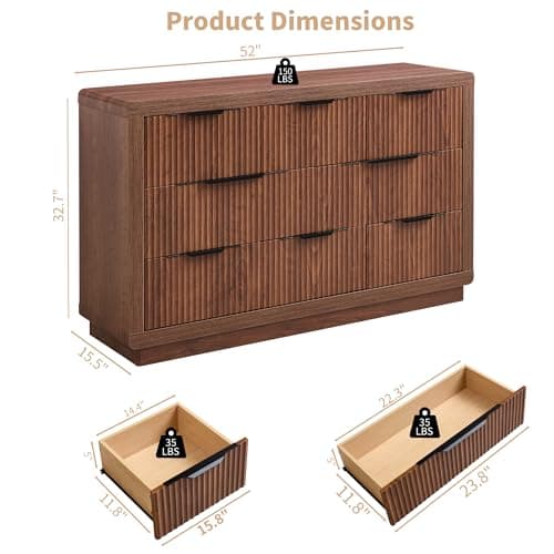 YANSNWO Walnut Dresser with 8 Drawers, 52" Modern Chest of Drawers with Thickened Curved Profile Design, Wooden Dresser TV Stand, Organizer for Bedroom, Living Room, Hallway - Thumbnail 2