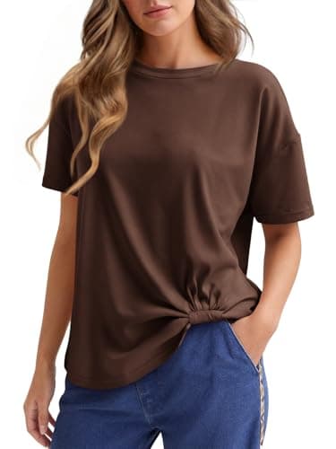 Cicy Bell Womens Summer Short Sleeve Tops Casual Crew Neck T-Shirts Loose Fit Twist Front Basic Tees Coffee - Image 1