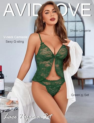 Avidlove Women's Lingerie Sexy Pajamas for Women Sheer Lace Lingerie Tank and Panty Sleepwear Green M - Thumbnail 3