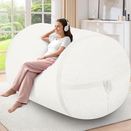 HABUTWAY 5FT Bean Bag Chair,Giant BeanBag Chairs with Memory Foam Filled, Ultra-Soft Velvet with Portable Handle & Removable Cover, Comfy Bean Bag Sofa for Living Room, No Assembly - Whtie - Image 1
