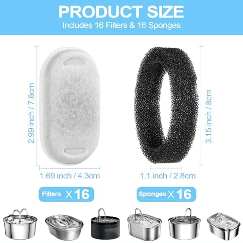 RLSHEN Cat Water Fountain Filter for Stainless Steel 108oz/3.2L& 67oz/2L Automatic Pet Water Dispenser Fountian Replacement Filter with Sponges, white-16 - Thumbnail 3
