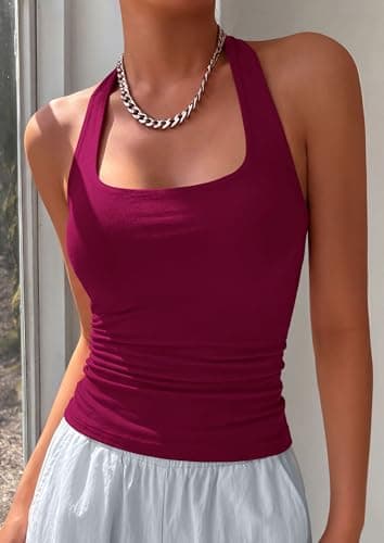 PRETTYGARDEN Women's Summer Halter Tank Tops 2026 Y2K Sleeveless Slim Fitted Backless Shirts Going Out Spring Workout Clothes (Burgundy,X-Small) - Thumbnail 3