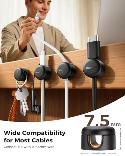Rocoren 9 Pack Cable Clips [Upgraded], Magnetic 360° Rotatable Cord Holder, Adhesive Cable Management Organizer, Wire Keeper for Nightstand Desk Car Home Office Accessories - Thumbnail 3