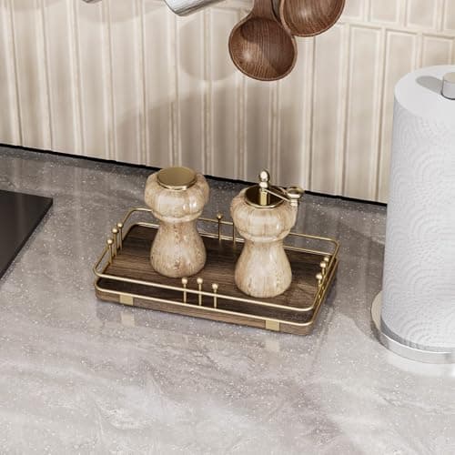 Pursura Bathroom Vanity Tray for Toiletries Makeup Perfume Candle Toilet Tank, Kitchen Tray for Soap Dispenser Spice Salt, Small Tray for Countertop Decor Coffee Nightstand 7.9”x4.4” Brown-Gold - Thumbnail 6