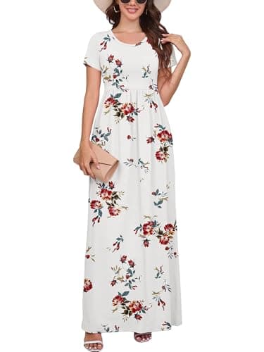 DEARCASE Maxi Dress for Women Flower White Medium Crewneck Boho Short Sleeve A-line Casual Hawaiian Flowy Party Spring Summer Beach Long Dresses with Pockets - Image 1