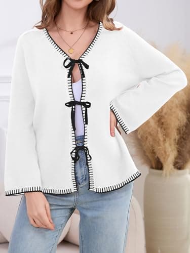 JUYUEO Tie Front Bow Cardigan for Women Trendy Long Sleeve Knit Open Front Sweater Casual Fall Winter Clothes 2026 White XL - Thumbnail 2