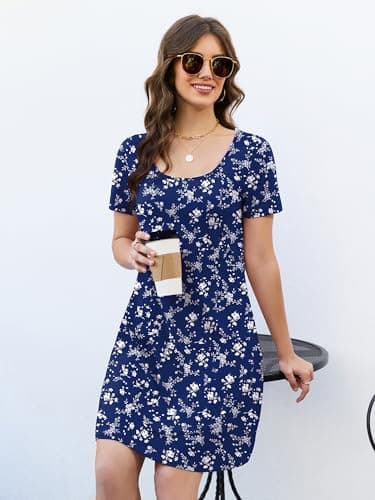 Moodclo Summer Dresses for Women Mist Blossom Medium 2026 Loose U Neck Short Sleeve Sundresses Casual Beach Vacation Tshirt Dress with Pockets - Thumbnail 5