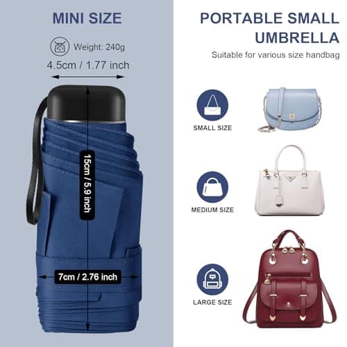 LEAGERA Compact Travel Umbrella with Case - Mini Umbrella for Purse, Small Lightweight &Tiny Design Perfect for Parasol Outdoor Sun&Rain Umbrellas,Dark Blue - Thumbnail 5