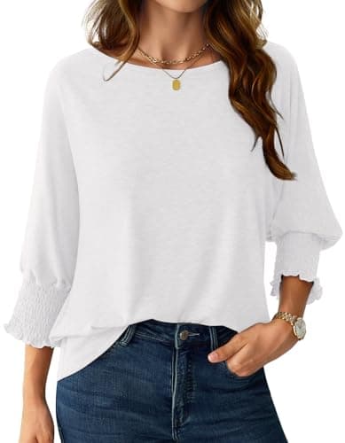 NORACORA Women's 3/4 Sleeve Tops Loose Fit Shirts Dressy Casual Crew Neck T Shirts for Women Basic Tees Shirt with Smocked Cuffs 2025 Fall Fashion Blouse White L - Image 1
