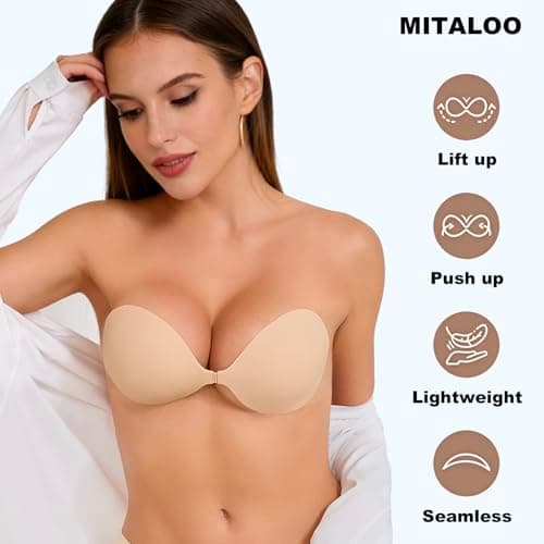 MITALOO Sticky Bra Slicone Adhesive Bra Seamless Push Up Invisible Strapless Backless Covers for Women Beige - Thumbnail 2