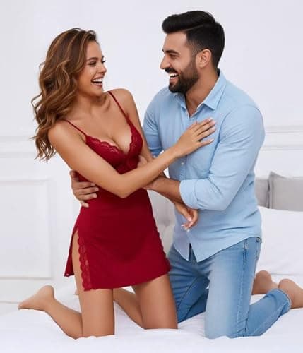 XJG Women Lingerie V Neck Sexy Nightgown Lace Trim Sleep Dress with Side Slit Night Gowns Soft Loungewear Sleepwear A-wine Red - Thumbnail 6