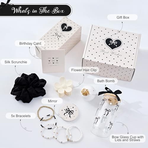 Birthday Gifts for Women Teen Girls, Coquette Black Bow Happy Birthday 7-in-1 Gift Box for Girl, Women, Sister, Daughter, Friends, Cute Black Bow Glass Cups Gift Set, Teen Girl Gifts Trendy Stuff - Thumbnail 2
