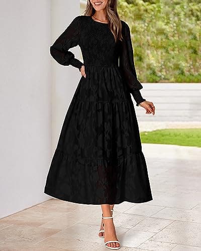 BTFBM Wedding Guest Dresses for Women Fall Fashion 2025 Casual Long Sleeve Floral Maxi Boho Homecoming Dress(Black,Large) - Thumbnail 2
