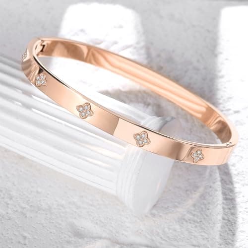 BOLAGTIER Gold Plated Bangle Bracelets for Women Four Leaf Clover Lucky Love Cubic Zirconia Bracelet (Clover Rose Gold-Medium) - Thumbnail 3