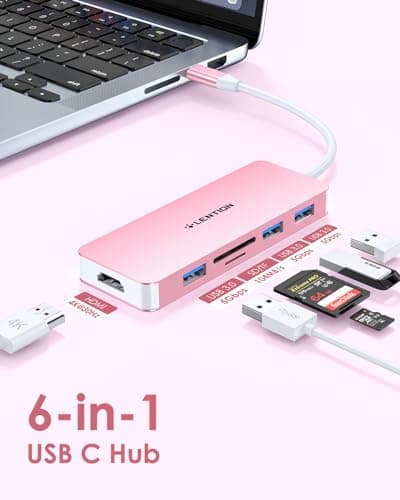 LENTION 5 in 1 USB to USB-C Adapter with Micro SD/SD Card Reader for iPhone, 4K@30Hz HDMI to USB C Hub Multiport Adapater with 3 USB 3.0 Compatible with 2025-2018 MacBook Pro MacBook Neo(Rose Gold) - Thumbnail 3