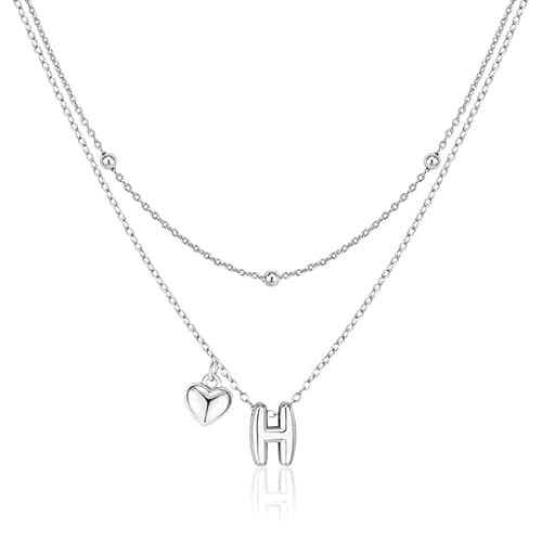 adoyi Silver Heart Initial Necklaces for Women 14k Gold Plated Layered bubble Letter Necklace Dainty Heart H Pendant Necklace Stack Birthday Valentines Gifts for Women Jewelry - Image 1