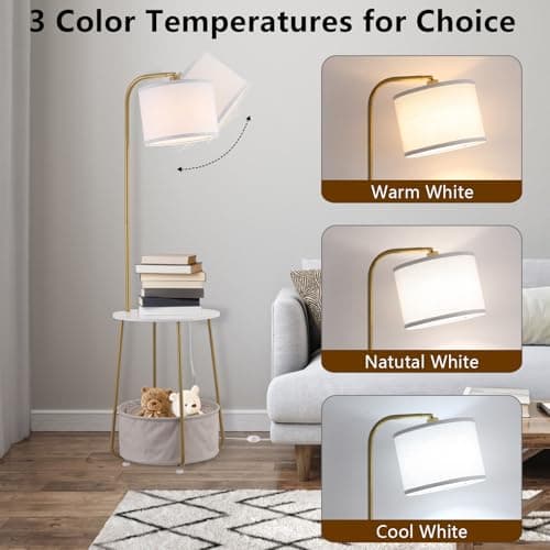 YJSQOEOE Floor Lamp with Cat Bed, Adjustable Lampshade, 3 Color Temperatures, Foot Switch Control, Tall Standing Lamp with Pet House, Modern Lighting for Living Room Bedroom Decor, Gold - Thumbnail 2