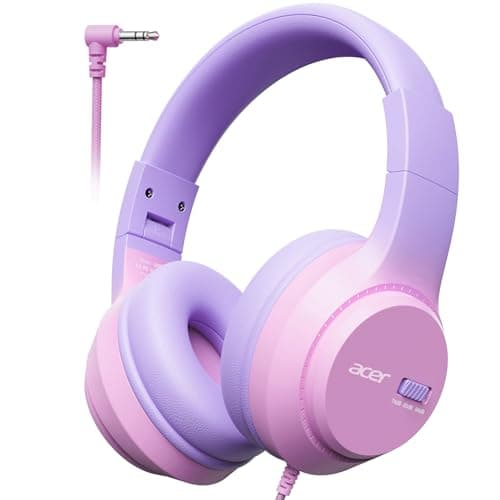 Acer Kids Headphones, 74/85/94dB Volume Limiter, Foldable Wired Over Ear Headphones for Travel, 3.5mm Jack, Toddler Headphones for School, iPad, Chromebook, Tablet, Pink Purple - Image 1