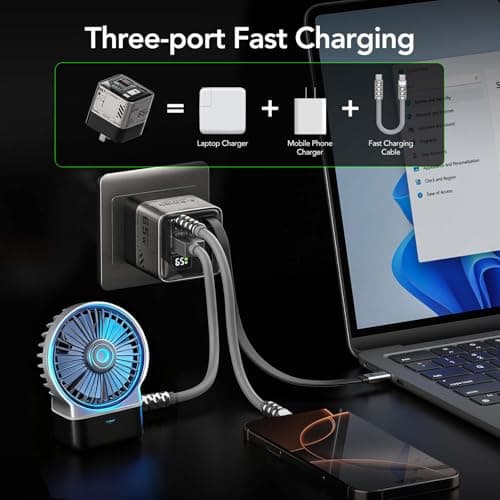 MFish 65W GaN Fast Charger with Built‑in 2.6ft Retractable USB‑C Cable, USB‑C & USB‑A Wall Charger for iPhone, iPad, MacBook, Samsung Galaxy & More (Space Silver) - Thumbnail 2