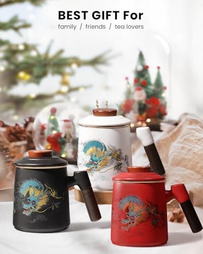 Foinly Ceramic Tea Cup with Infuser and Lid, 13.5 oz Tea Mug for Loose Leaf Tea,Wood Handle,Chinese Dragon Design,All Porcelain Strainer,BPA-Free, Perfect for Tea Lovers/Birthday/Mother's Day (Black） - Thumbnail 6