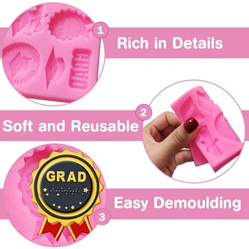 Chocolate Molds Graduation Candy Silicone Molds Fondant Tools for Graduation Cake Topper Decorations Cupcake Toppers Congratulations Congrats Grad Cap Diploma Class of 2026 Party Favors, 7 Cavities - Thumbnail 5