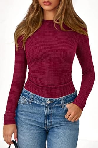 PRETTYGARDEN Womens Tops 2026 Spring Long Sleeve Fitted T Shirts Waffle Ruched Crop Shirt Basic Knit Workout Y2k Clothes(Burgundy,XX-Large) - Thumbnail 2