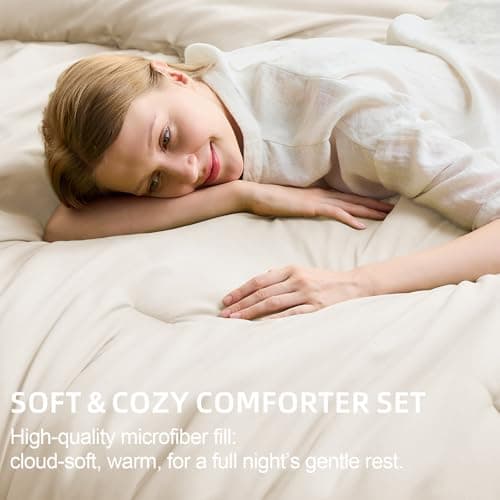 FUANNA California King Comforter Sets Beige, 7 Pieces Cal King Size Bedding Set, All Season Lightweight Bed in a Bag with Comforter, Flat Sheet, Fitted Sheet, Pillowcases & Shams - Thumbnail 4