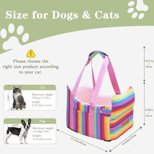 Cullaby Console Dog Car Seat for Small Dogs - Anti-Collapse Center Console Armrest Booster Seat, Sturdy Pet Travel Seat with Safety Tether, Cozy Washable Cushion, Puppy Up to 15lbs (Colorful Stripes) - Thumbnail 4