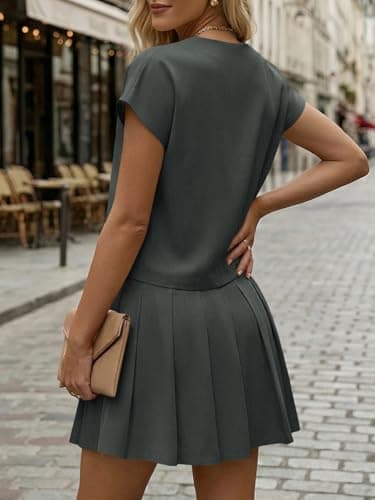 Wenrine Womens 2 Piece Outfits Casual V Neck Crop Tops Pleated Skort Skirts Sets Loose Summer Matching Lounge Sets - Thumbnail 5