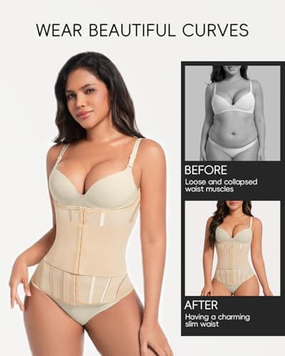 GROW LOOP Waist Trainer for Women Faja Body Shaper Tummy Control Shapewear Waist Cincher Corset, Double Belt Wrap Corset Trainer Tummy Control Shaper Beige - Thumbnail 2