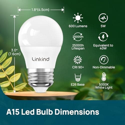 Linkind Led Refrigerator Light Bulbs, A15 Fridge Light Bulbs 40 Watts Equivalent Waterproof, 600LM Appliance Light Bulb 120V Non-dimmable 5W LED Bulbs for Freezer, E26 Base, Daylight 5000K, 3 Pack - Thumbnail 2