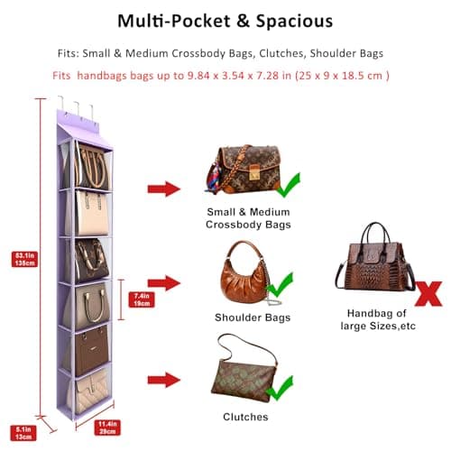 Lirex Over The Door Purse Organizer & Purse Shelf for Closet – Handbag Storage Organizer with Purse Hanger. Perfect for Scarves, Hats, and Leggings. S (11.8'' x 5'' x 51.6''), Purple - Thumbnail 2