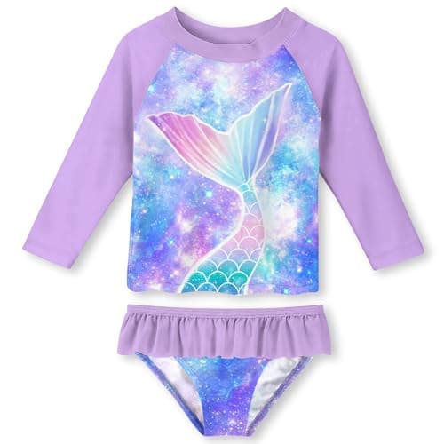 Funnycokid Girls Rash Guard Swimsuit Size 5 6 Bathing Suit Mermaid Purple Long Sleeve 2 Piece Swimwear Rash Guard Set Kid 5-6 Years - Image 1