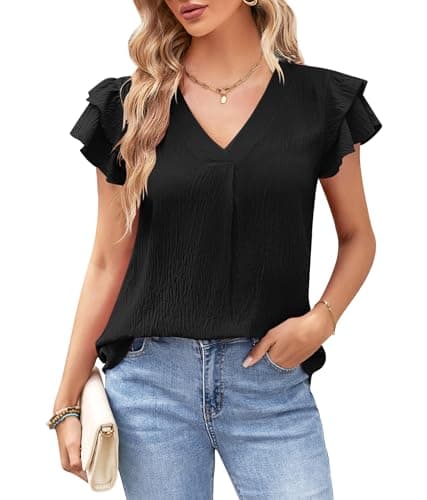 MOLERANI Office Work Blouses for Women Dressy Casual V Neck Short Sleeve Ruffle Summer Tops Business Shirts Professional Clothes 2025,Black,S - Image 1