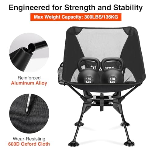 Trakiom 360° Swivel Folding Camping Chairs, Compact and Portable Chair for Outdoor Camp, Foldable Chairs with Anti-Sinking Large Feet for Travel, Beach, Picnic, Sports, Fishing Support 300 LBS(Black) - Thumbnail 4